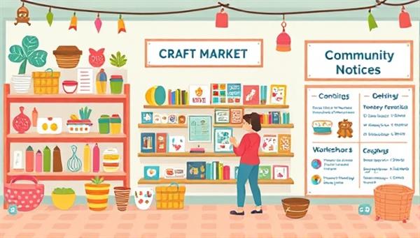 A charming visual representation of a virtual craft market with colorful handmade items displayed on digital shelves, crafters interacting and sharing tips, and a vibrant community notice board showcasing upcoming workshops and events, illustrating a bustling online marketplace for DIY enthusiasts and artisans.