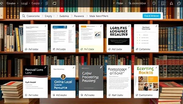 An online legal resource library interface showcasing a variety of legal documents, guides, and resources available for subscribers, with a diverse collection of legal books and reference materials in the background, creating a knowledge-rich environment for legal enthusiasts.