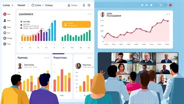 A vibrant digital dashboard showcasing real-time citizen feedback, colorful graphs on civic participation rates, and a diverse group of people engaging in an online community forum, symbolizing collaboration and transparency in governance.