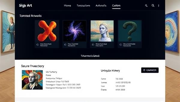 A digital art gallery interface displaying a collection of tokenized artworks, blockchain authentication details, and secure transaction history, showcasing the transparency and uniqueness of digital art ownership through blockchain technology.