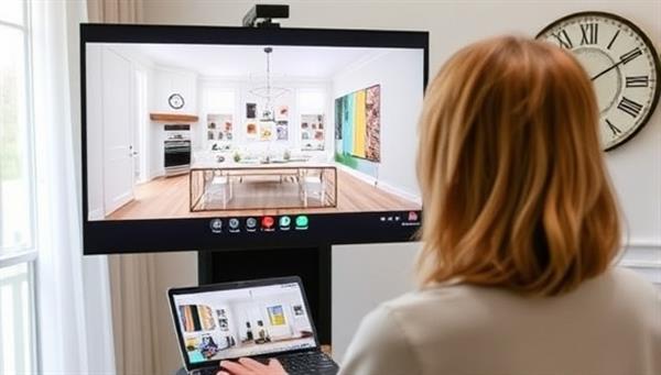 An image of a virtual interior designer presenting a digital mood board and room layout to a client via a video call, with sample swatches and decor items displayed on the screen, highlighting the virtual design consultation process.