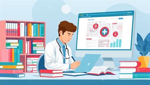 An artistic digital illustration featuring a medical writer at work, surrounded by books, medical journals, and a computer screen displaying a healthcare website, symbolizing expertise and professionalism in medical content creation offered by the online service.