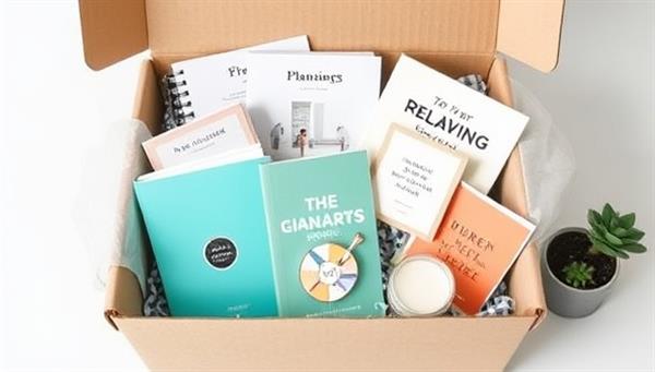 An aesthetically designed subscription box filled with financial wellness items such as planners, books, relaxation aids, and motivational cards, creating a sense of excitement and anticipation for subscribers receiving their WealthWell Box, promoting financial well-being and happiness.