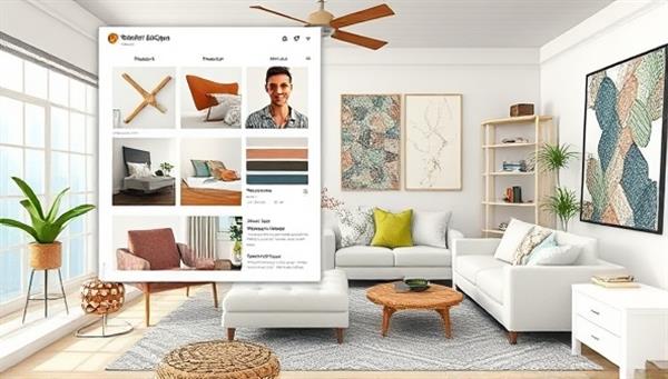 An artistic visualization of a virtual interior design consultation session, featuring a virtual mood board, 3D room renderings, fabric swatches, and design sketches, creating a vibrant and inspiring atmosphere synonymous with DesignElevate Virtual
