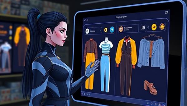 An engaging virtual assistant character with a sleek design, assisting a user in selecting outfits and accessories on a digital screen, conveying a futuristic and personalized shopping experience.