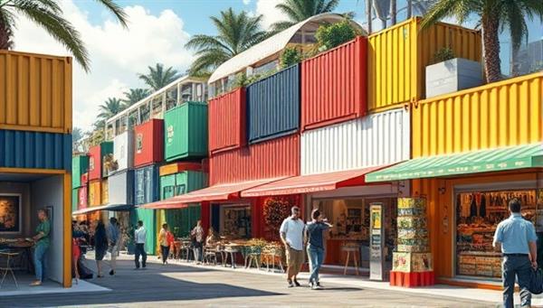 An artistic rendering of a vibrant outdoor market scene featuring colorful recycled shipping container retail spaces arranged in a lively street setting, bustling with shoppers and vendors, capturing the essence of eco-friendly and innovative retail concepts.