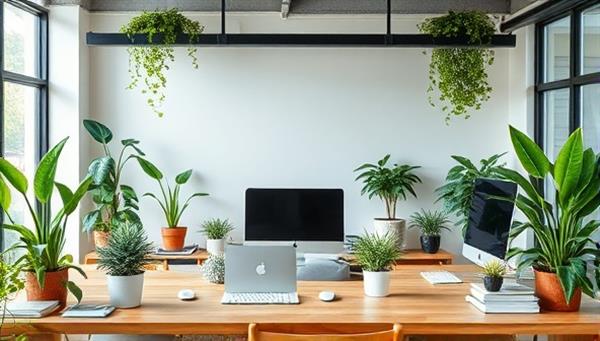An eco-friendly workspace with plants, recycled materials, and energy-efficient devices, symbolizing sustainability and environmental consciousness in a modern and inviting setting.
