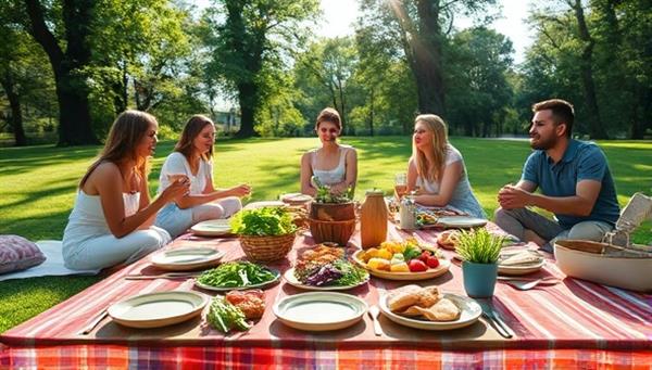 A beautifully set up picnic scene in a lush park with sustainable bamboo cutlery and plates, a colorful organic spread of food, and happy customers enjoying the green ambiance under a bright sun.