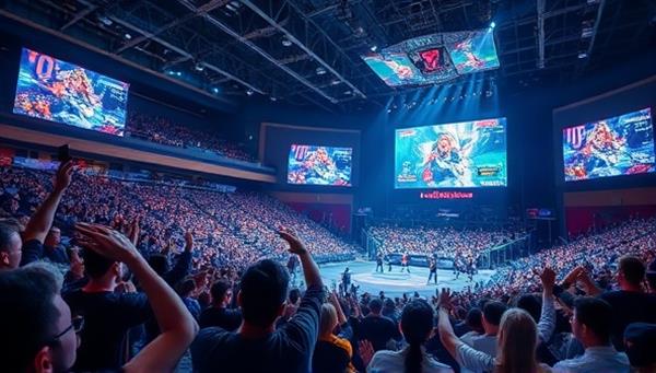 An esports arena filled with cheering fans and digital screens displaying live esports matches, with users on the EsportXchange platform trading bets in real-time, illustrating the dynamic and interactive nature of esports betting on EsportXchange.