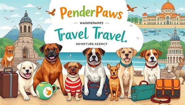 A vibrant travel collage featuring pets enjoying various pet-friendly travel experiences, such as hiking trails, beach outings, and city explorations, surrounded by travel essentials and accessories, conveying the excitement and adventure of pet travel planned by WanderPaws Adventure Agency.