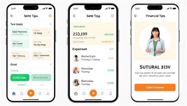 An engaging app interface showing a user setting financial goals, tracking expenses, and receiving personalized financial tips from a virtual financial coach, creating a sense of empowerment and control over one