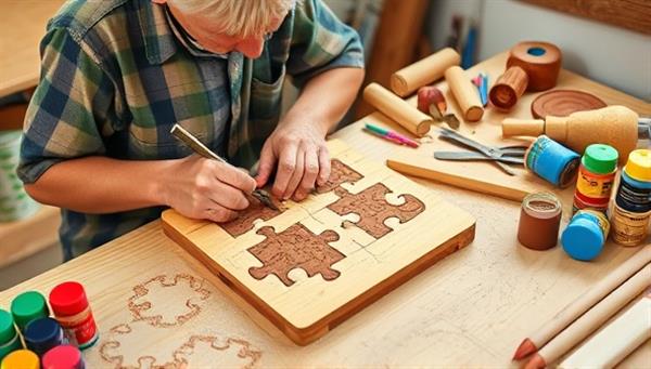 An artisan carving a wooden puzzle with intricate details, surrounded by colorful paints, child-friendly tools, and a playful atmosphere, capturing the essence of creativity and craftsmanship in toy-making.