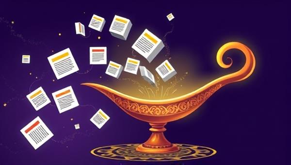 An illustration of a magical genie lamp emitting streams of personalized news articles and updates tailored to different people, symbolizing the personalized and tailored nature of the AI-powered newsletters.