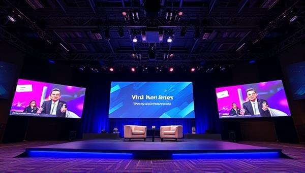 An engaging virtual event setup with a stage, digital screens showcasing event branding, and interactive features for audience engagement, creating a professional and immersive virtual event environment powered by EventSphere Pro