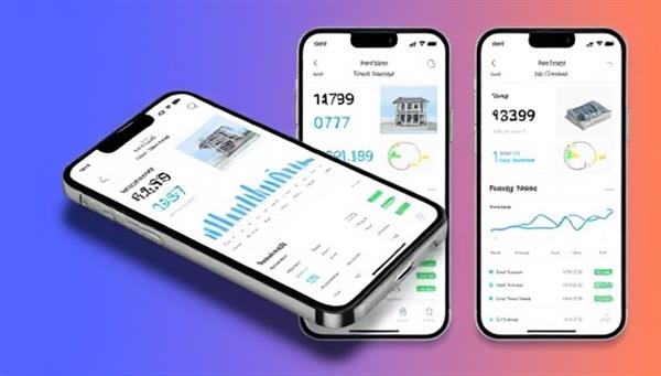 A smartphone displaying the InvestFlow Tracker app interface with property investment data, charts, and performance metrics, showcasing the app