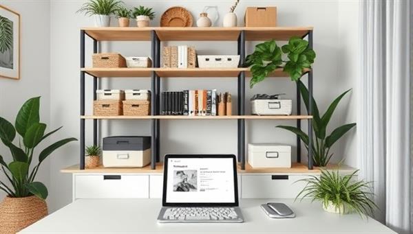 A virtual home office setup with organized shelves, labeled storage bins, and a digital tablet displaying a clutter-free room design, surrounded by minimalist decor and green plants, creating a serene and tidy space for productive living.