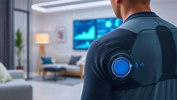 A futuristic home setting with a person wearing a sleek health monitoring device, with data visualizations and AI analytics displayed on a screen in the background, illustrating advanced remote healthcare monitoring.