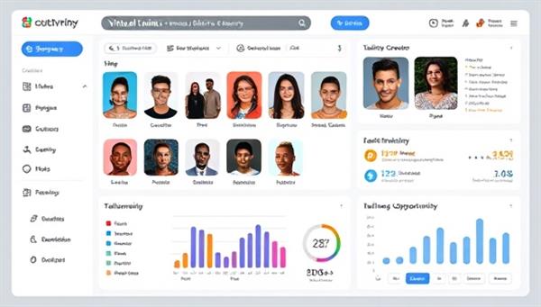 A virtual talent agency dashboard showcasing a roster of diverse online creators, influencer profiles, brand partnerships, and engagement metrics, with a talent manager interacting with digital content collaborations and sponsorship opportunities, illustrating the agency