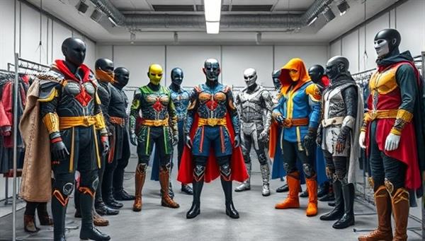 An array of detailed cosplay costumes and props displayed on mannequins in a virtual design studio, showcasing intricate craftsmanship and creative designs inspired by popular video game characters, capturing the essence of cosplay artistry.