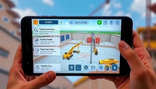 An AR training simulation displaying a virtual construction site with interactive tasks, safety scenarios, and equipment operation modules, showcasing the engaging and educational features of the AR Construct Training platform for construction professionals and learners.