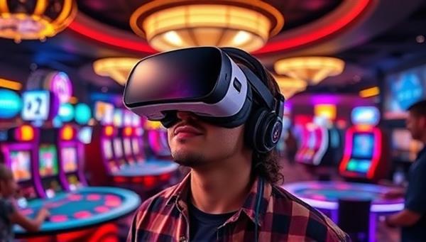 An immersive virtual reality scene showing a player wearing a VR headset, surrounded by a digital casino environment with vibrant lights, animated game tables, and other virtual players, capturing the excitement of the VR casino experience.