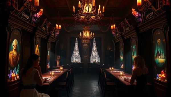 A mystical parlor setting with dim lighting, fortune-telling booths adorned with crystals and candles, customers receiving tarot readings and placing bets on mystical predictions, creating an enchanting and immersive atmosphere within the parlor.