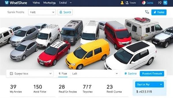 An array of vehicles, from compact cars to camper vans, lined up in a virtual marketplace with user-friendly filters and search options, showcasing the diverse and exciting rental opportunities available on the WheelsShare Network platform.