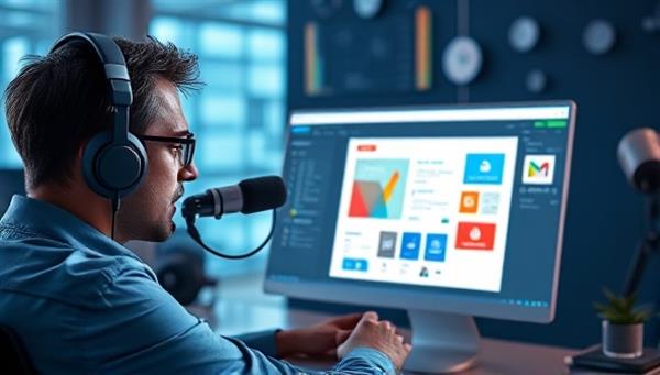 An artistic visualization of a designer using VoiceDesignPro, with a headset microphone, issuing voice commands to manipulate design elements on a digital screen, showcasing the seamless and intuitive workflow of the voice-activated web design tools.