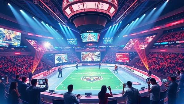 An artistic representation of a digital arena filled with gamers competing in skill-based tournaments, with vibrant colors and dynamic action scenes showcasing the excitement and competitiveness of the SkillMaster Arena platform, capturing the essence of online gaming tournaments.