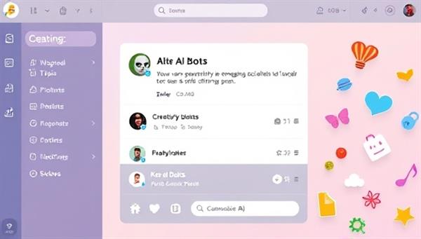 An interface screenshot of the platform showing an AI bot generating engaging social media posts with customizable options, surrounded by vibrant icons symbolizing creativity and innovation.