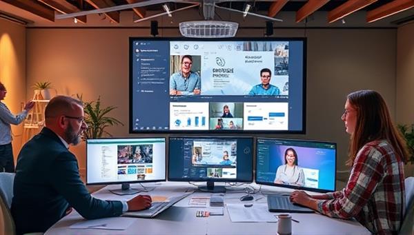 A virtual event planning session with planners brainstorming ideas and coordinating logistics for an upcoming online conference, with digital event layouts and interactive features on display, illustrating creativity and attention to detail in virtual event coordination.