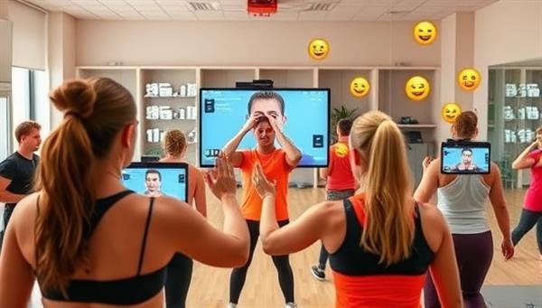 An energizing virtual fitness class scene with users following a workout routine on their screens, a coach providing instructions and motivation, and virtual high-fives and emojis floating around, creating a vibrant and interactive fitness community experience.