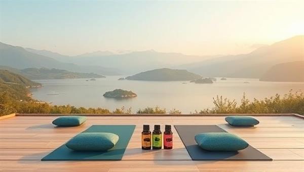 A serene and calming virtual retreat setting featuring a peaceful digital landscape with yoga mats, meditation cushions, and essential oils, creating a tranquil and inviting atmosphere for participants to experience relaxation and mindfulness practices.