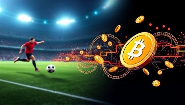 An engaging graphic showcasing a seamless transition between a sports event and a digital currency transaction, symbolizing the fusion of sports betting and cryptocurrency within the CryptoBet Fusion platform.