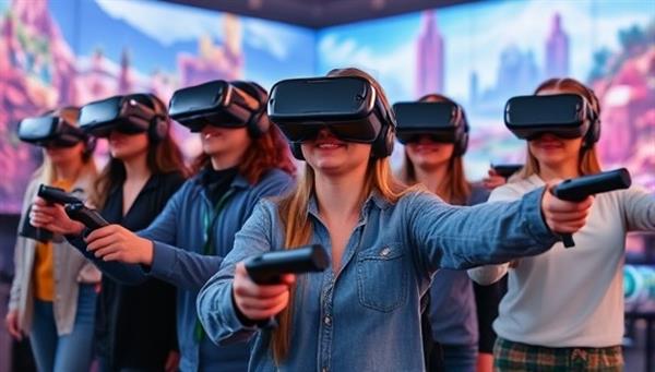 An exciting image of a group of people wearing VR headsets and motion controllers, fully immersed in a virtual world with futuristic landscapes and interactive elements, capturing the essence of the immersive gaming experience at VR Zone.