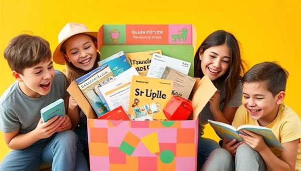 An eye-catching image of a colorful subscription box filled with financial literacy materials like books, games, and budgeting tools, surrounded by excited individuals of diverse ages exploring the contents with smiles on their faces, conveying the joy of learning about money management.