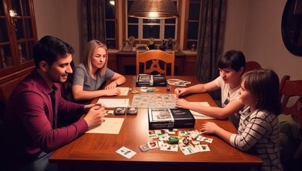 A family gathered around a dining table, immersed in solving puzzles and deciphering clues from an EscapeCraft Kit, showcasing teamwork and excitement in a home escape room setting.
