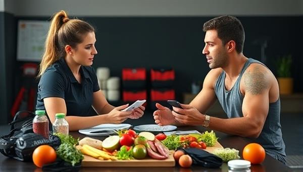 An energetic image of a nutrition coach discussing a personalized meal plan with an athlete, surrounded by sports equipment and healthy food choices, conveying the importance of nutrition in athletic performance and overall well-being.