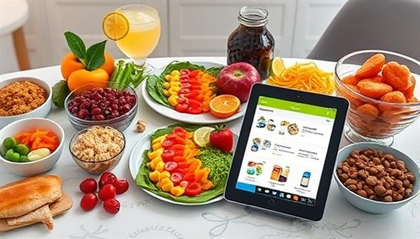 An enticing array of colorful and nutritious foods arranged on a virtual consultation table, accompanied by a digital device displaying personalized meal plans and nutritional information, highlighting the vibrant and informative nature of NutriGlow Consult services.