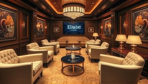 A sophisticated VIP lounge setting with plush seating, elegant decor, and personalized service for high-rolling players in the EliteBet Club, exuding an aura of luxury and exclusivity for elite members of the subscription-based gambling club.