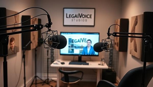 A professional podcast recording studio setup with microphones, soundproofing panels, and audio recording equipment, featuring legal-themed decor and podcasting software on a computer screen, creating a dynamic and engaging environment for legal professionals to record high-quality podcasts with LegalVoice Studios.