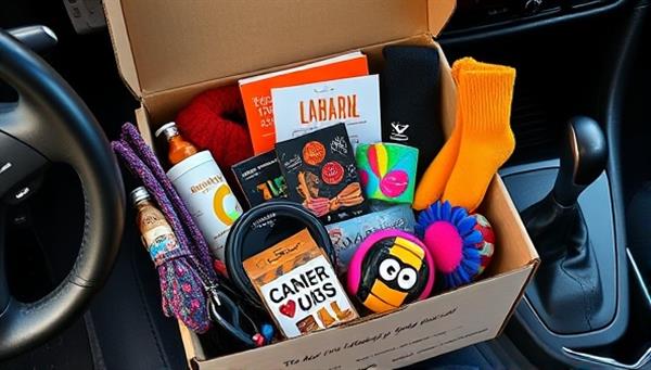An array of vibrant and stylish car accessories neatly arranged in a subscription box, surrounded by car interior elements like steering wheels and gear shifts, reflecting personalization and creativity.