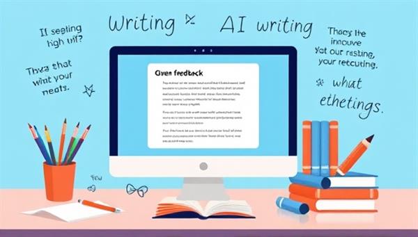 An imaginative illustration of a digital AI assistant providing feedback on a computer screen, surrounded by creative writing elements like pens, paper, books, and inspirational quotes, highlighting the platform