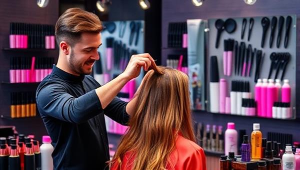 A dynamic image showing a professional hairstylist demonstrating a hair styling technique on a model, with various hair tools and products in the background, creating a vibrant and interactive virtual hairstyling workshop atmosphere.
