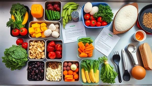 An enticing overhead shot of a colorful array of fresh ingredients neatly arranged in individual containers, alongside recipe cards and cooking utensils, on a sleek kitchen counter, evoking a sense of culinary creativity and convenience.