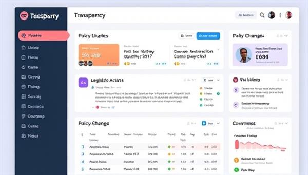 A dynamic and informative transparency dashboard interface displaying live updates on legislative actions, policy changes, and government decisions, with interactive features for user engagement, data visualization, and civic empowerment, promoting transparency and accountability.