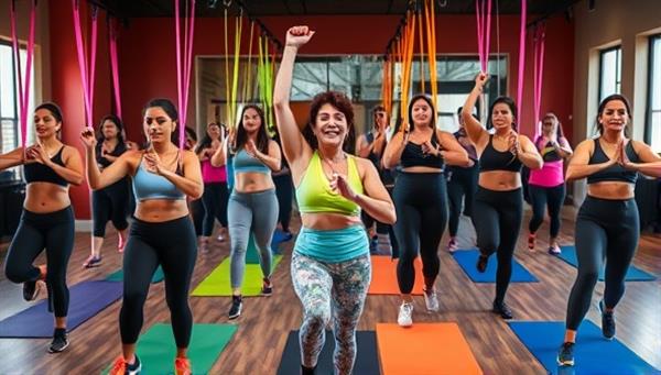 A vibrant fitness studio setting with a diverse group of individuals dressed in stylish activewear, engaging in a high-energy workout session with colorful resistance bands, yoga mats, and water bottles, exuding positivity, strength, and community spirit, inspiring active and healthy living.