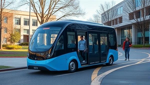 An autonomous shuttle navigating a university campus with students boarding and alighting at designated stops, showcasing the futuristic and efficient transportation experience provided by CampusCruise AI.