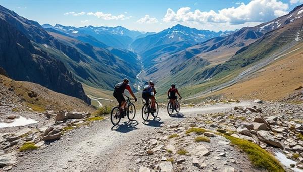 An adventurous cycling scene with a group of cyclists crossing a rugged mountain trail, surrounded by picturesque scenery and challenging terrain, encapsulating the thrill and excitement of the cycling expeditions.