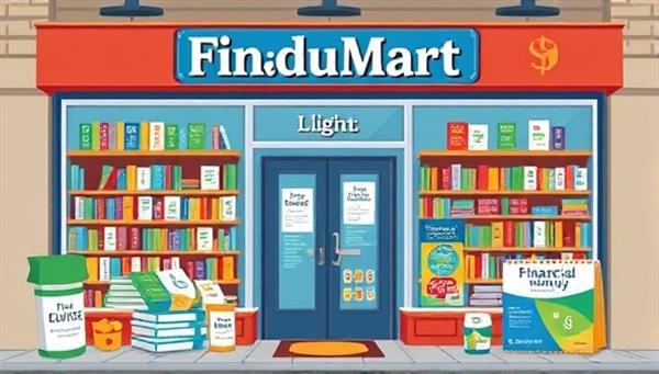 An artistic digital storefront illustration showcasing a variety of financial education tools and resources, including books, courses, software, and merchandise, inviting viewers to explore and enhance their financial knowledge through FinEduMart.